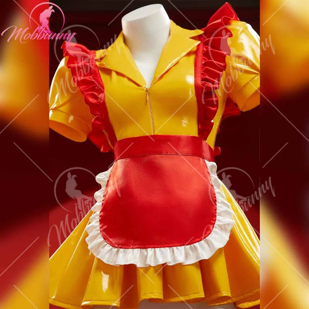 Mobbunny Women's Sexy Lingerie Maid Uniform Set Waitress Yellow Dress with Red Apron and Hat Halloween Cosplay Costume