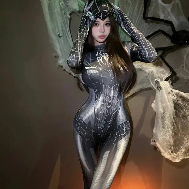 Good Quality Superhero Female Spider Man Cosplay Tight Jumpsuit Black Spider Sexy Cosplay Costume Halloween Party Costume Mask