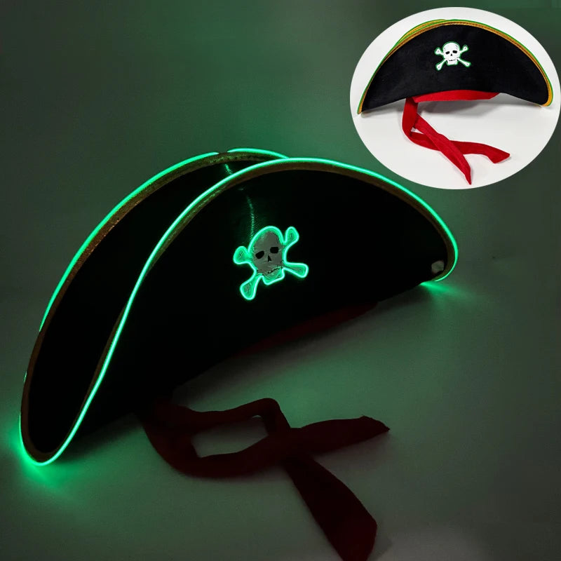 LED Pirate Hat Pirate Theme Holiday Cosplay Pirate Costume Decorations Glowing Captain Hat Colonial Tricorn Hat Woman Skull Hat