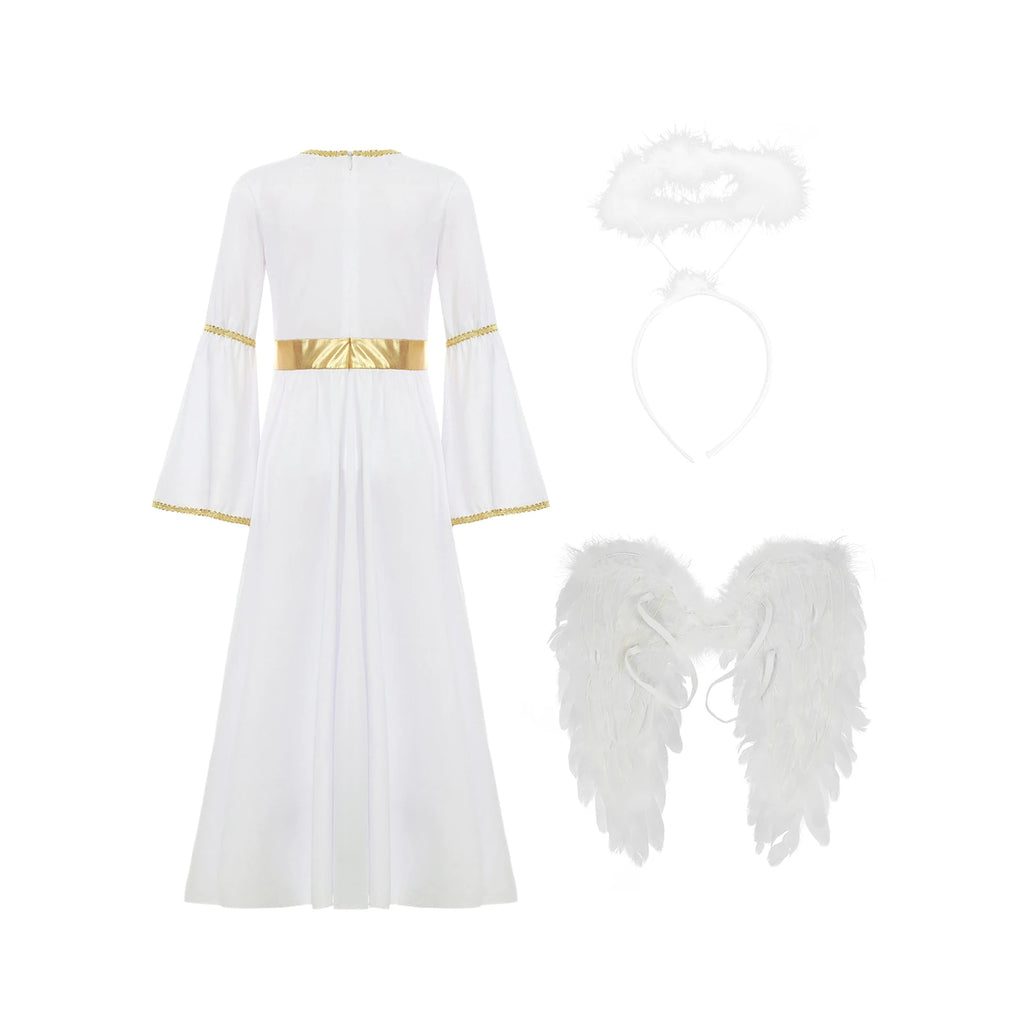 Girls White Angel Costume Halloween Party Long Bell Sleeve Maxi Dress Gown with Wings Set for Performance Church Dress Up