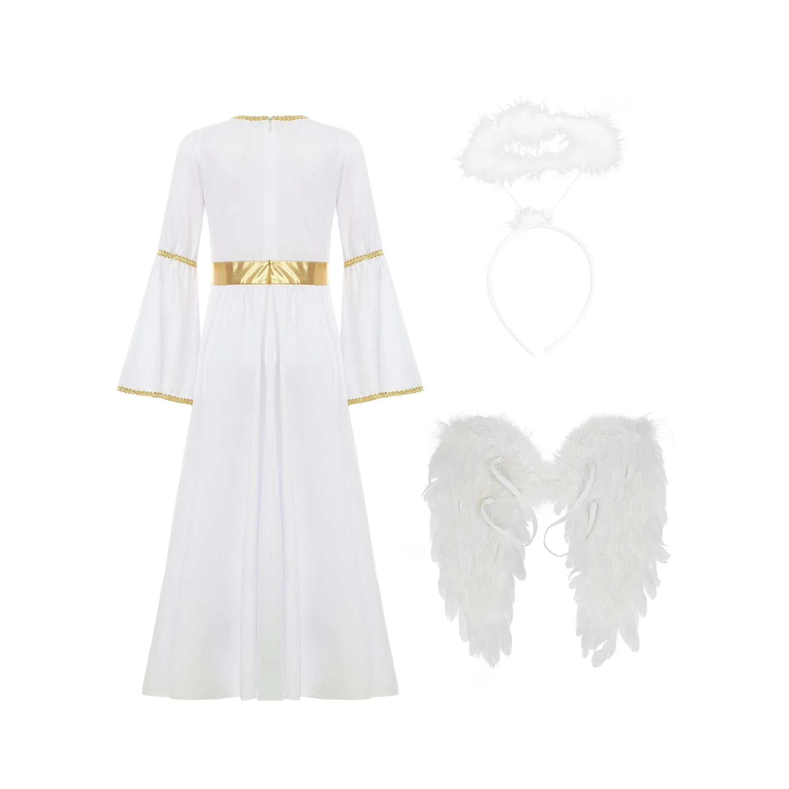 Girls White Angel Costume Halloween Party Long Bell Sleeve Maxi Dress Gown with Wings Set for Performance Church Dress Up