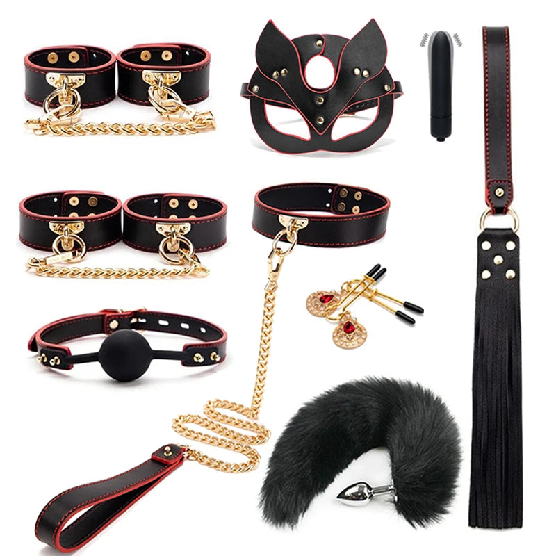 Erotic Bed Bondage Kits Slave Restraint Bondage Set Genuine leather Collar Mouth Gag Whips Handcuffs Adult Sex Toys For Couples