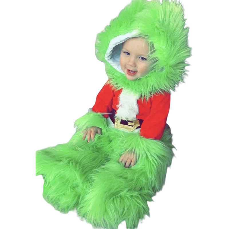 Little Kids Boys Girls Christmas Cosplay Costume Green Furry Monster Hooded Santa Claus Tops Green Fuzzy Pants Set