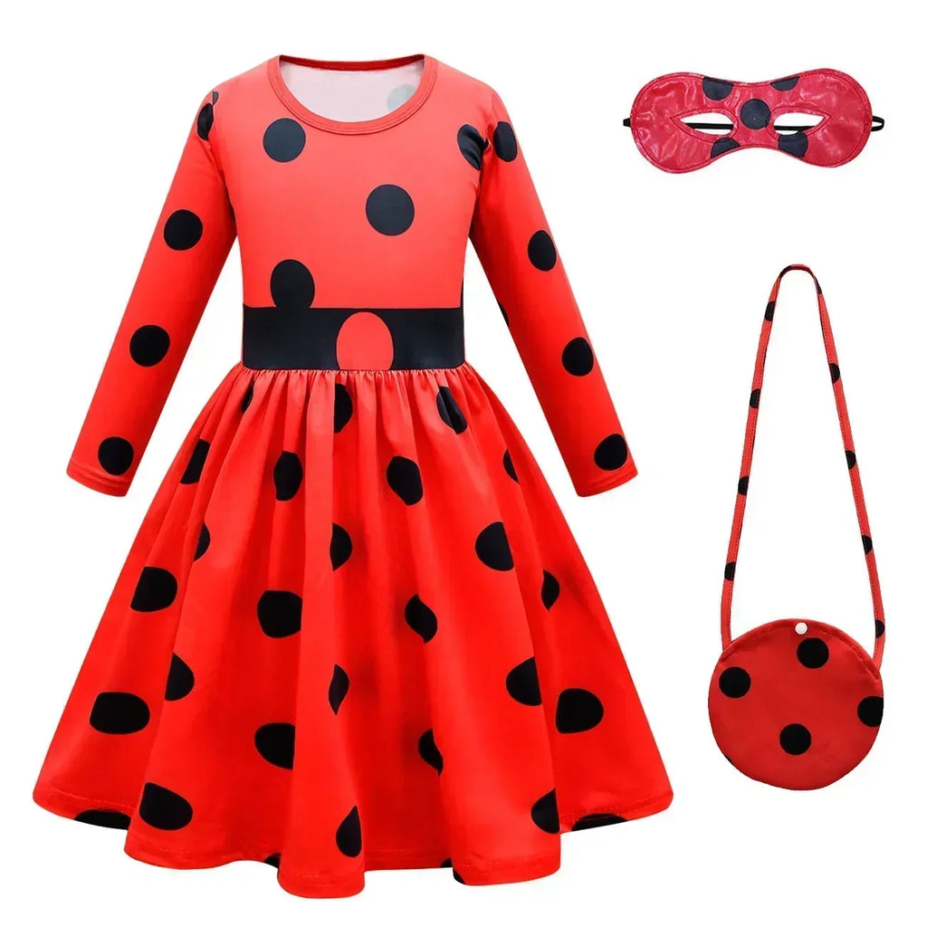 2025 Christmas Reddy Girl Little Beetle Cosplay Costume Mask Wig with Earrings Kids Halloween Fancy Costume Children Party Dress