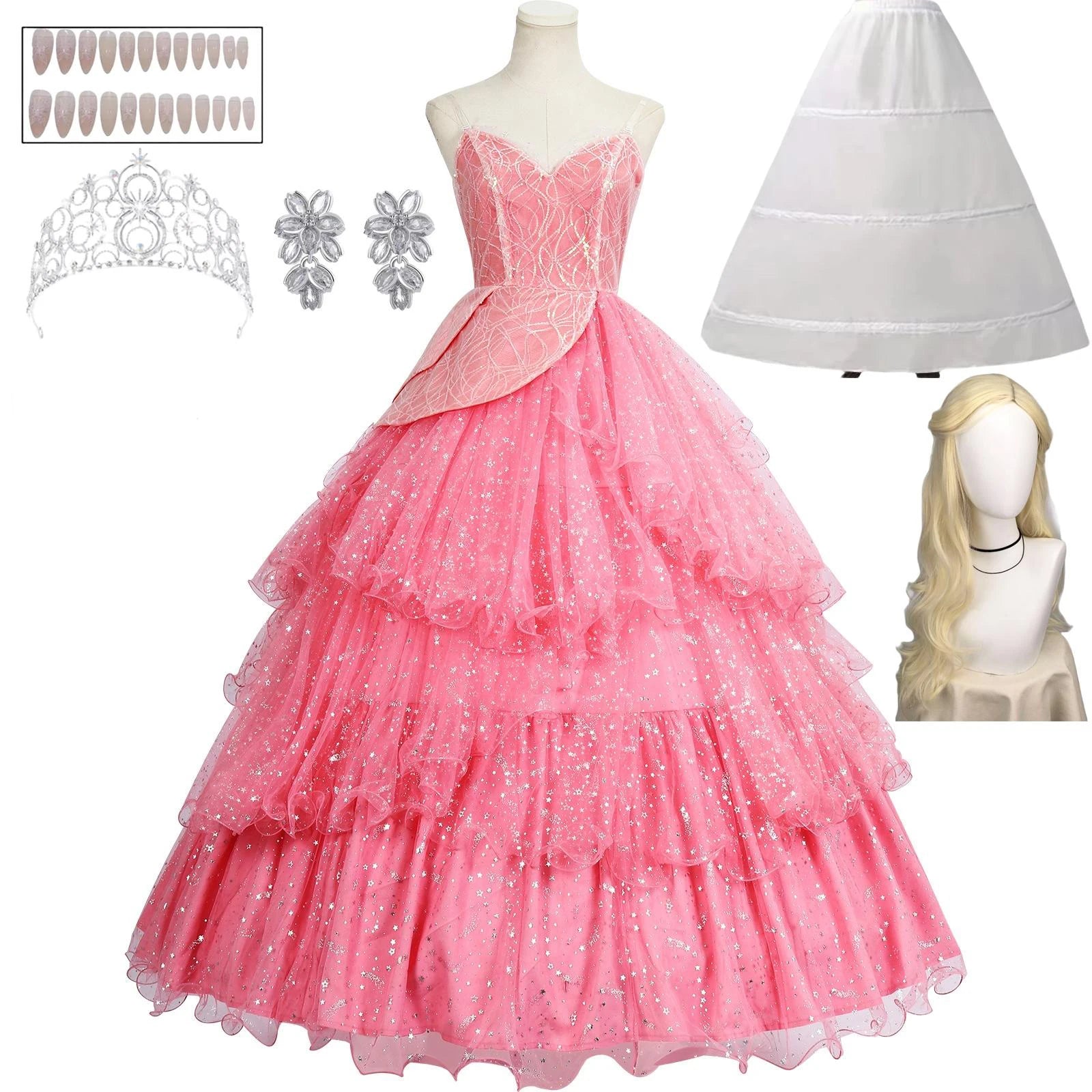 IN STOCK Glinda Wicked Cosplay Costume Disguise for Adult Women Pink Dress Roleplay  Fantasy Outfit Halloween Carnival Suit
