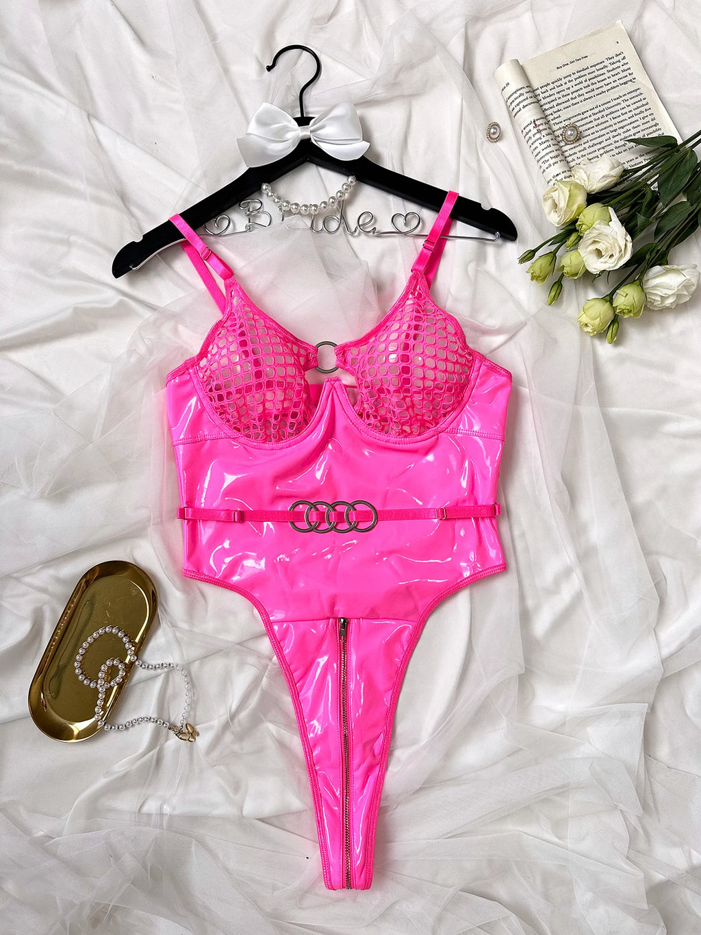 2024 Sexy Erotic Lingerie Set Corset Woman  Leather Bodysuit Zipper Open Crotch Rompers Mesh Sheer Hollow Out Female Underwear