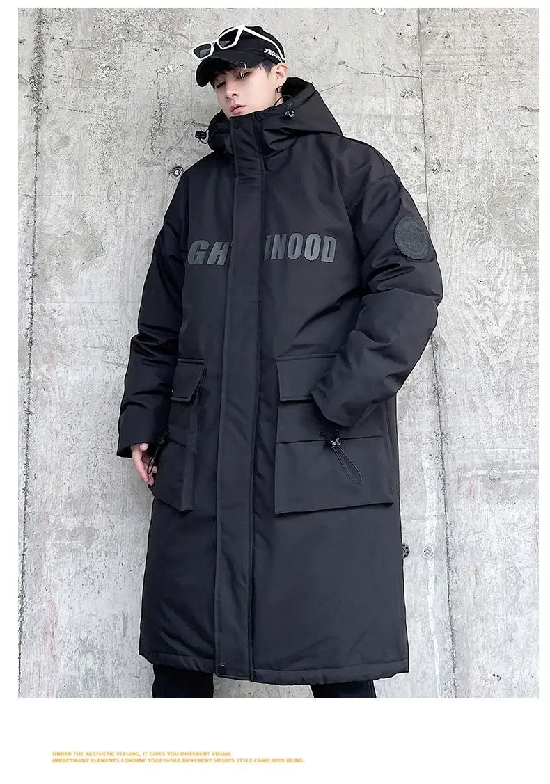 Techwear Down Cotton Jacket Men's Oversize Mid Length Workwear Cold Weather Clothing Winter Pockets Thick Hooded Parkas
