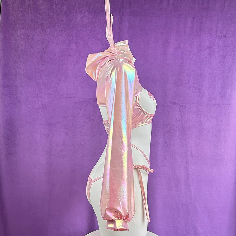 Sexy lingerie anime bunny girl cosplay pink laser patent leather bikini bunny girl Halloween lingerie set