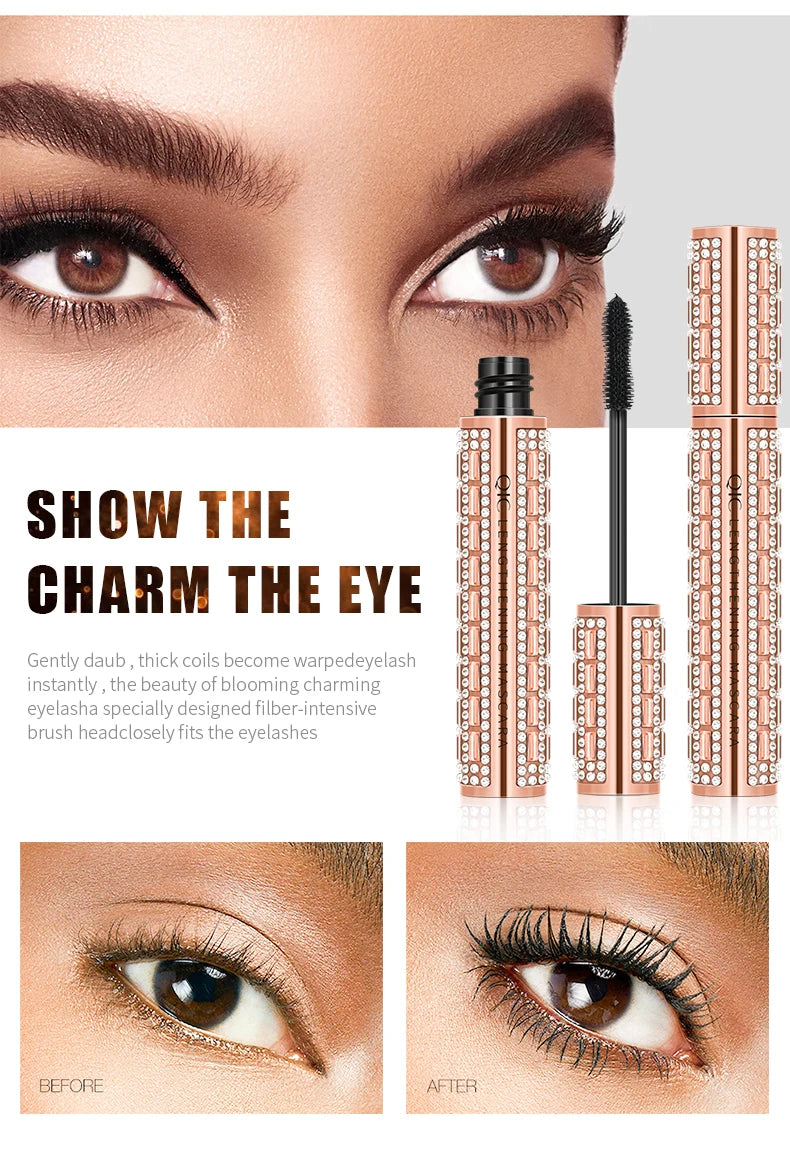 QIC Fashion Diamond 4D Mascara Waterproof Eye Make-up Cosmetics Peanut Silicone Brush Lengthening Curl Lashes Fast Dry
