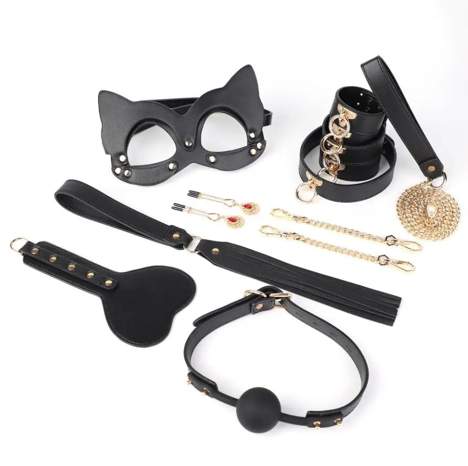 Erotic Bed Bondage Kits Slave Restraint Bondage Set Genuine leather Collar Mouth Gag Whips Handcuffs Adult Sex Toys For Couples