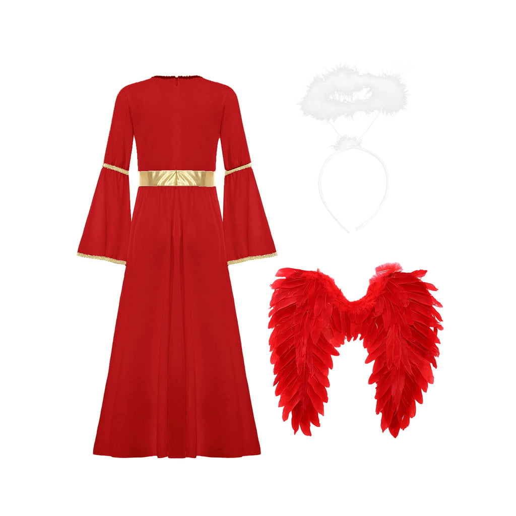 Girls White Angel Costume Halloween Party Long Bell Sleeve Maxi Dress Gown with Wings Set for Performance Church Dress Up