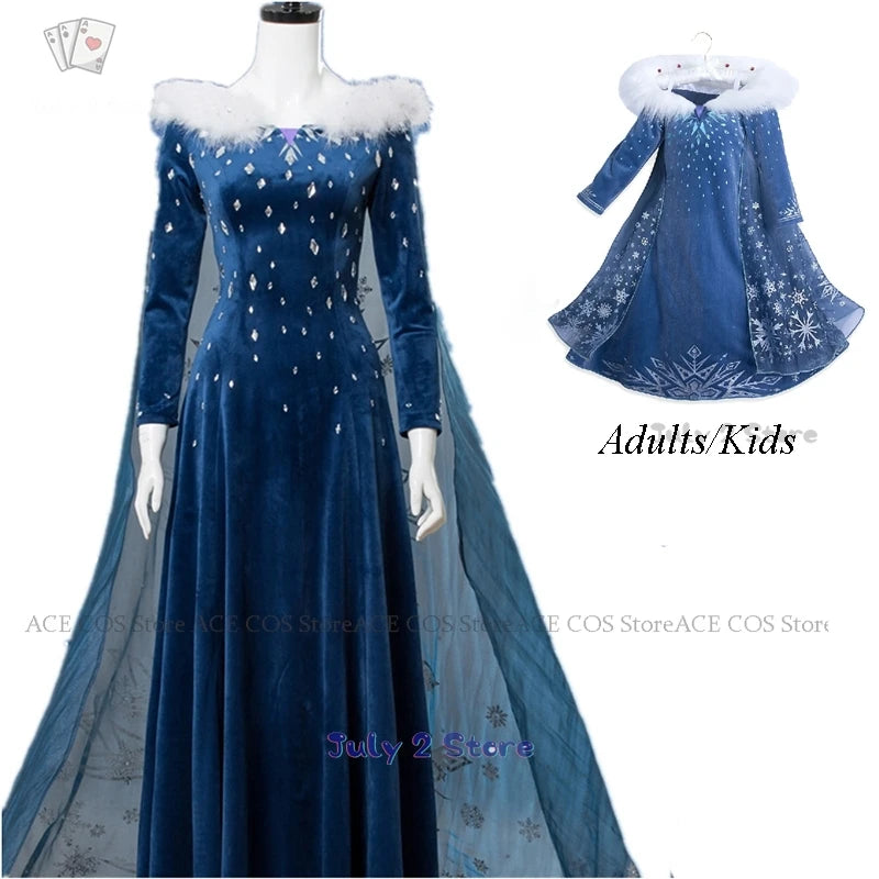 Adult Kid Ice Winter Queen Anime Princess Cosplay Costume Elsa Fantasia Cloak Halloween Party Women Ball Dress Stage Uniforms