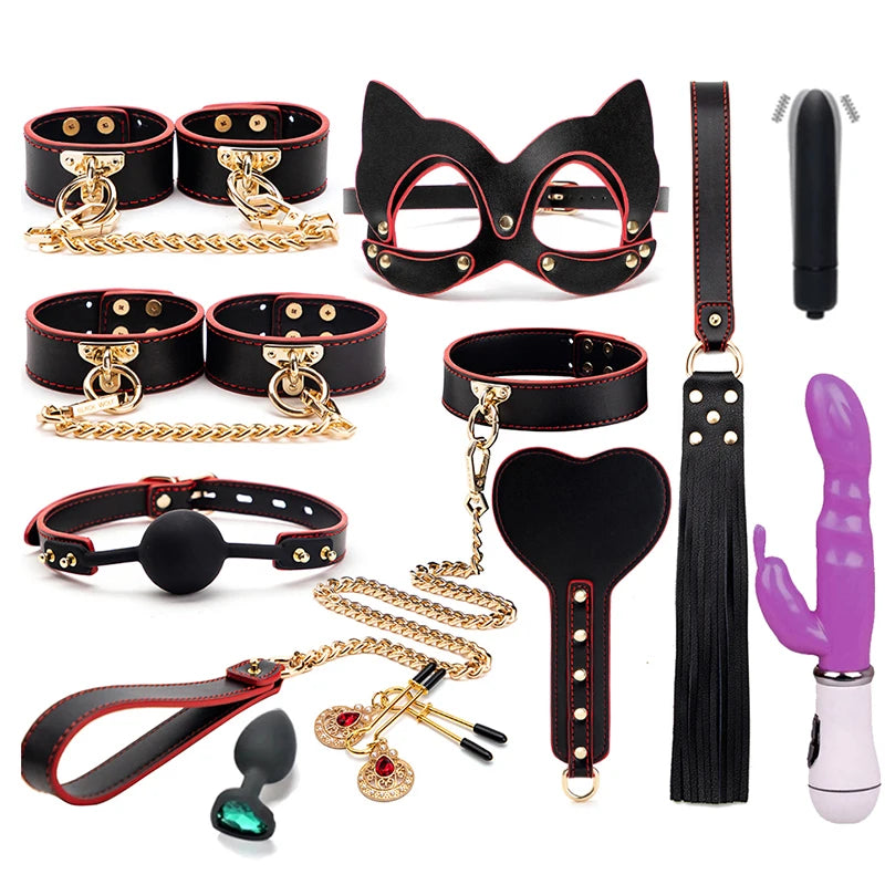 Erotic Bed Bondage Kits Slave Restraint Bondage Set Genuine leather Collar Mouth Gag Whips Handcuffs Adult Sex Toys For Couples