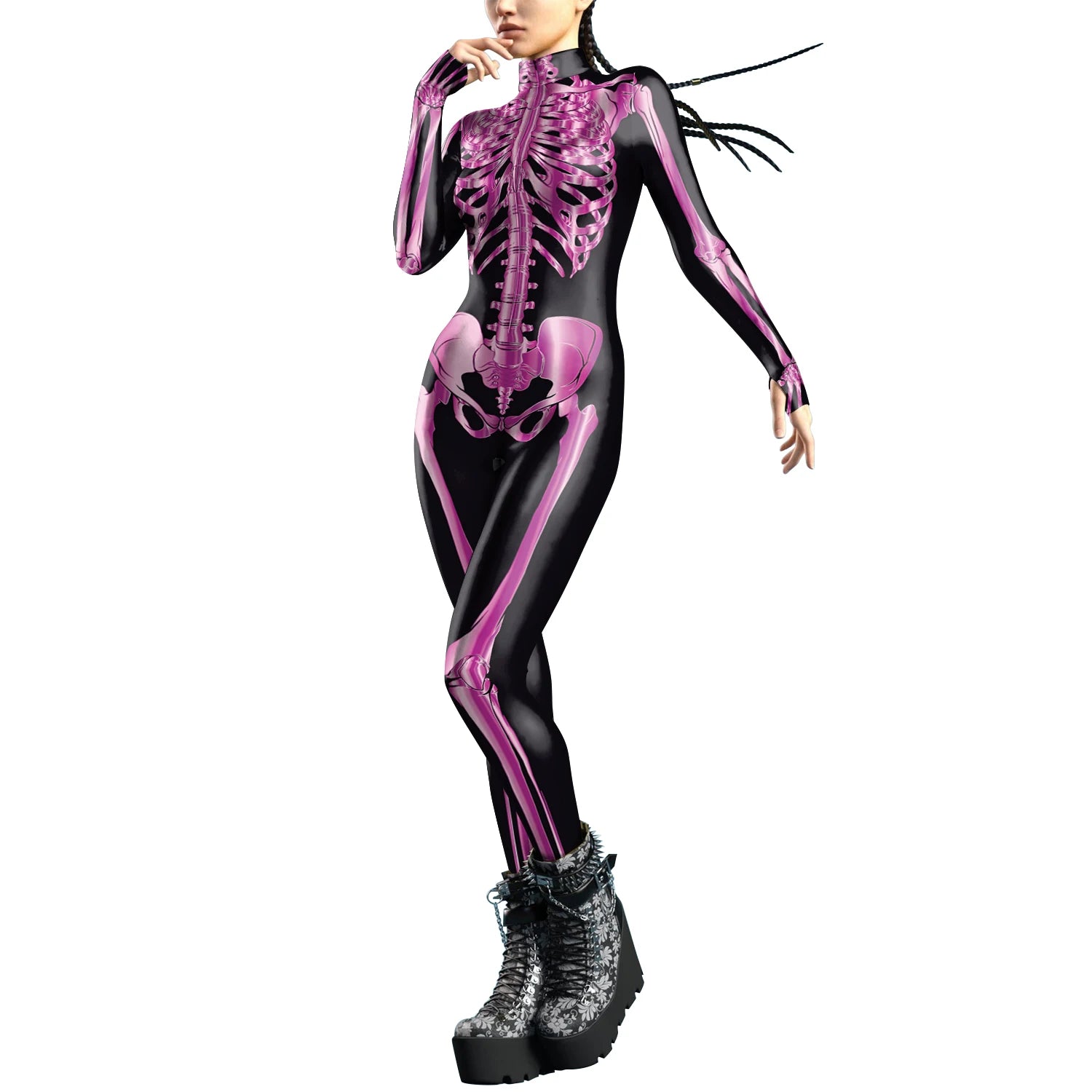 [You're My Secret]Halloween Cosplay Costumes For Women Skeleton Printed Long Sleeve Bodysuits Slim Elastic Fancy Outfits Catsuit