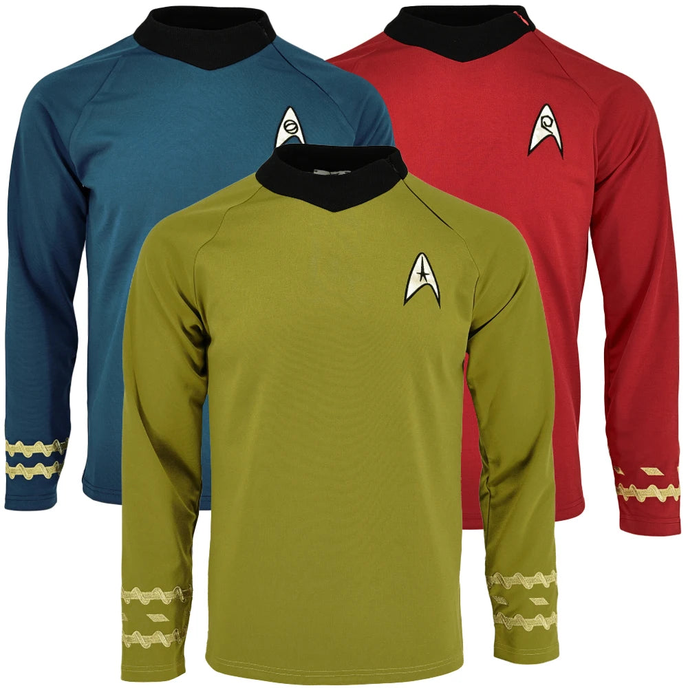Cosplay TOS Captain Kirk Gold Shirts Spock Blue Uniforms Red Starfleet Tops for Men's Coat Halloween Party Prop