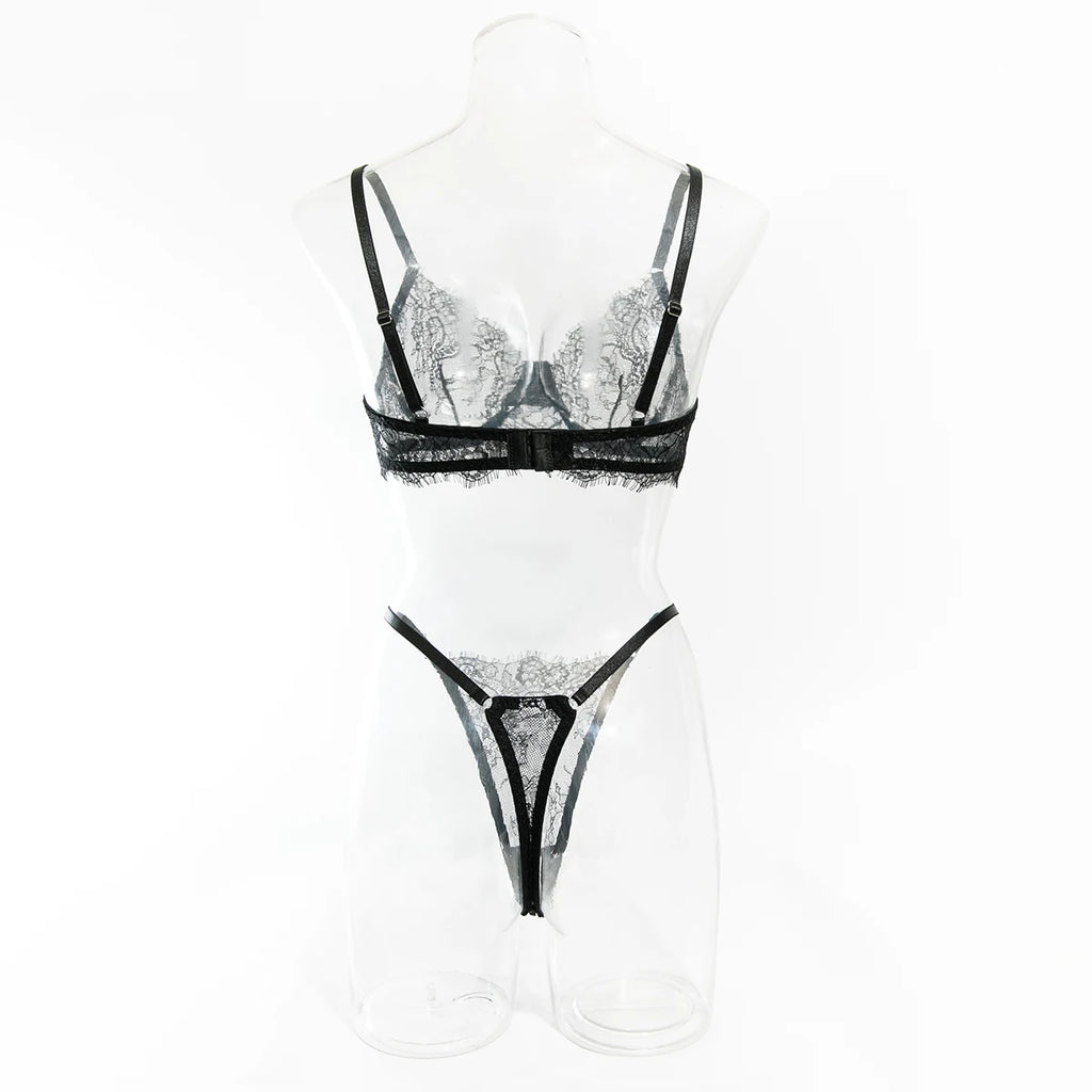 Erotic Lingerie Bra and Panties Set Basic Sexy Sheer Lace Eyelash Unline One Layer Lace Lingerie Women Underwear Intimate