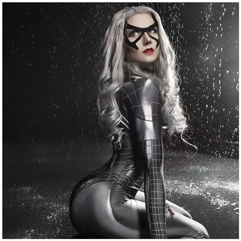 Good Quality Superhero Female Spider Man Cosplay Tight Jumpsuit Black Spider Sexy Cosplay Costume Halloween Party Costume Mask