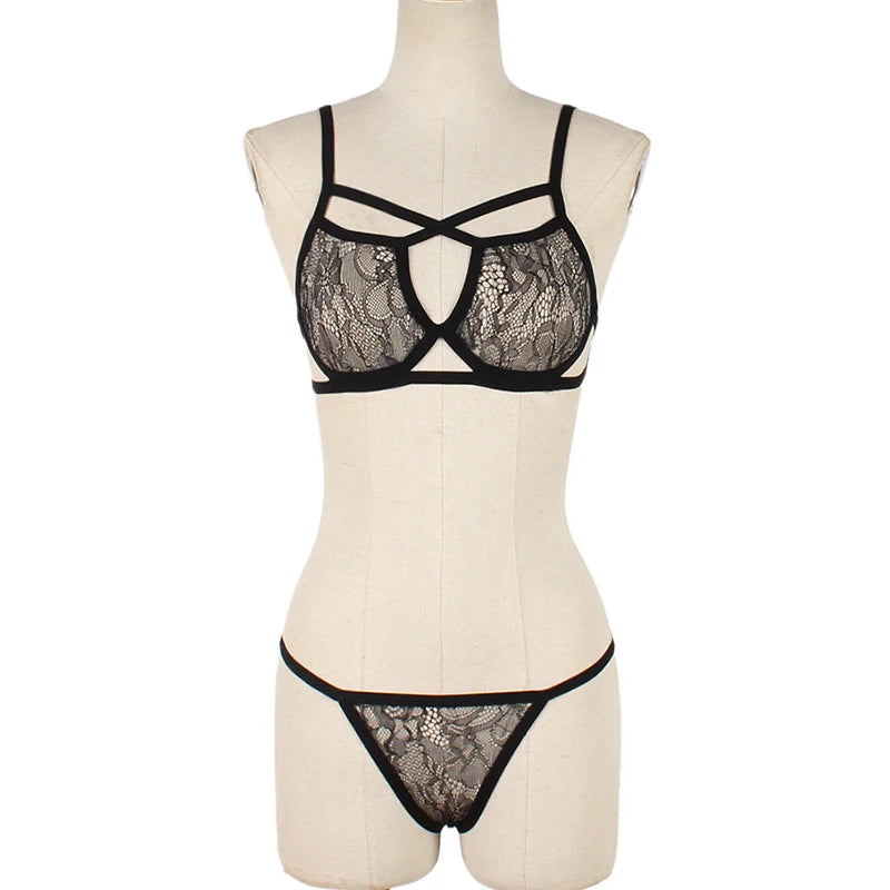 Erotic Lingerie Sets For Women Lace Garters Transparent Bra And Panty Set Female Porno Costumes Deep V Halter Sexy Underwear Set