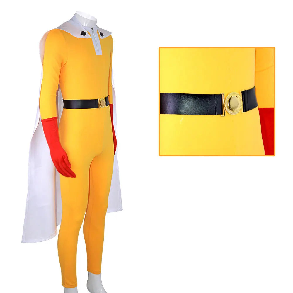 One Punch Man Saitama Cosplay Costume Full Set for Adults Yellow Hero Suit Jumpsuit with Cloak Gloves Belt Cosplay Party Outfit