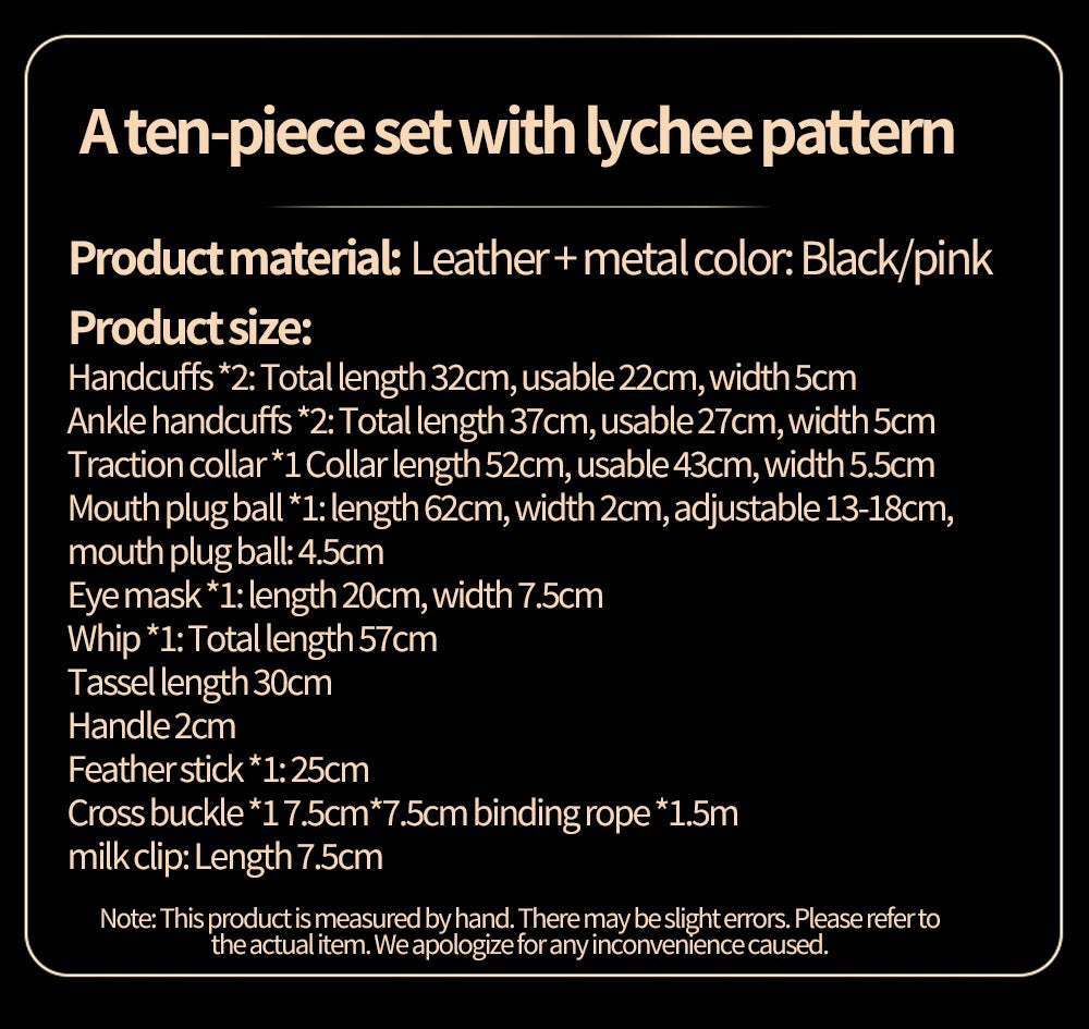 BDSM Bondage Restraint Kit 10 Pieces Drawstrings Collars Eye Masks Mouth Balls Whips Cotton Ropes Nipple Clamps Rope for Couples