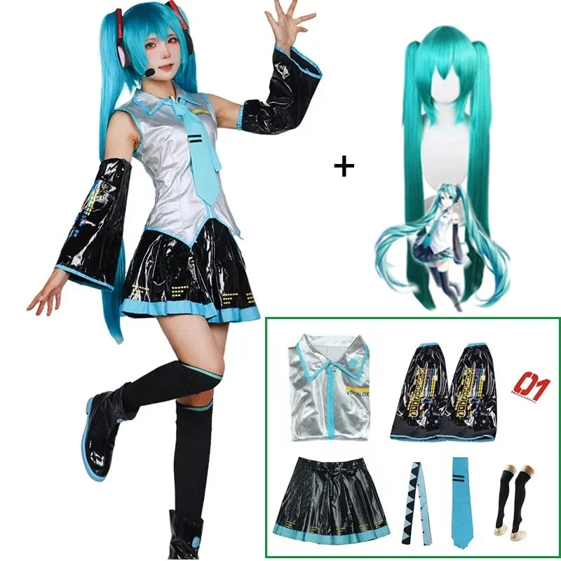 Miku Cosplay Ensemble Complet En Cuir Argenté Tissu Costume Miku Cosplay Chapeaux Costume Tenue JK Robe De Marin Lycée Uniforme