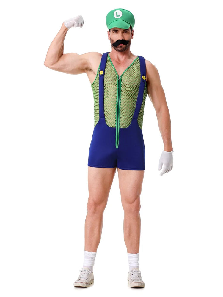 Adult Halloween Anime Cartoon Cosplay Costume With Hat Sexy Men Red Blue Super Plumber Brother Fancy Set Carnival Party Dress Up