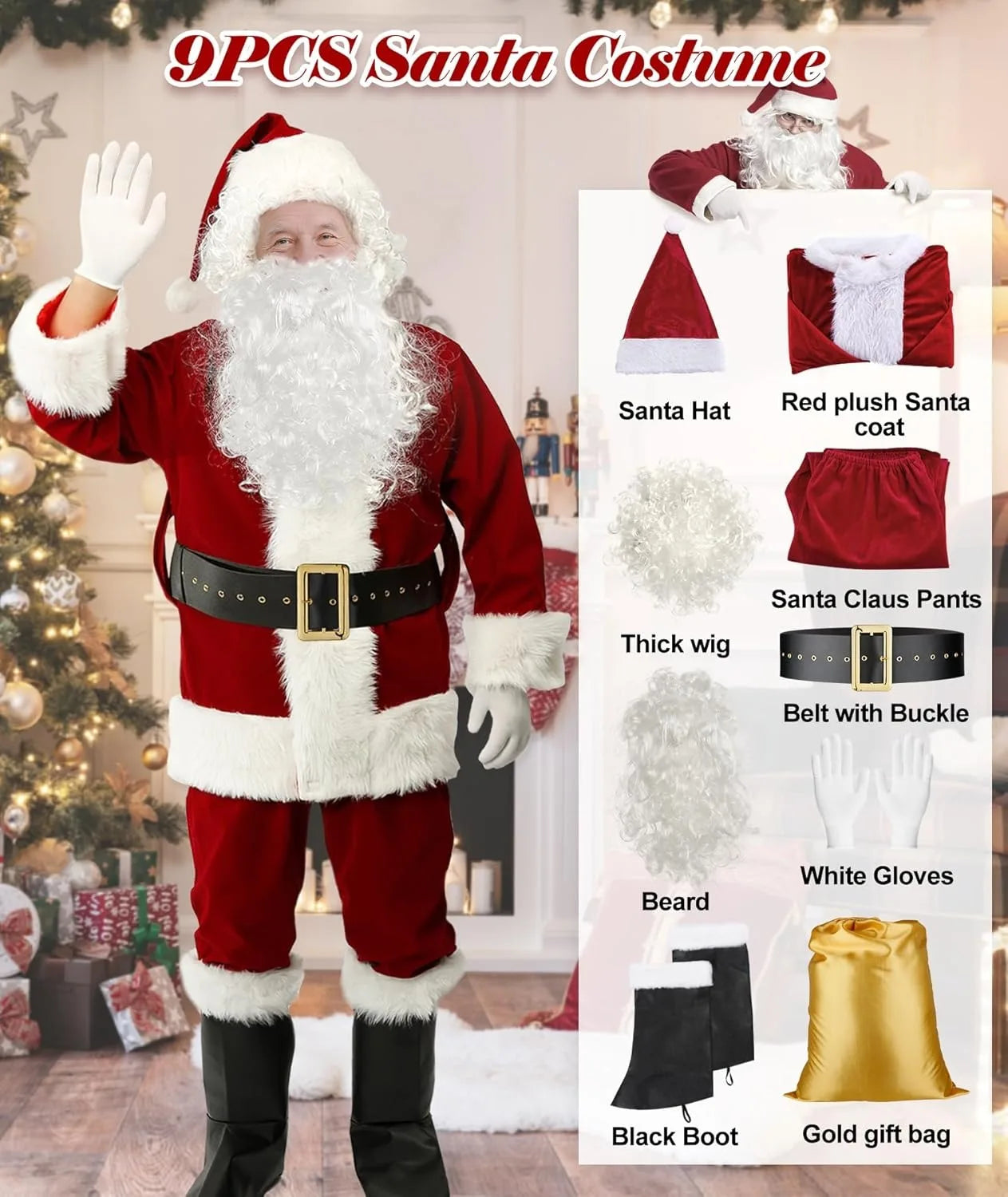 Christmas Costumes-Santa Claus Costume for Men Women Adult - 9pc. Deluxe Costume Santa Suit Outfit