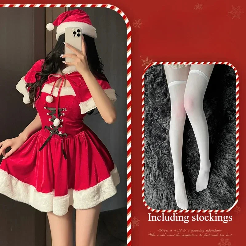 Sexy Christmas Dress Santa Claus Series Costume Xmas Party Girl Red Dress Cloak Rope Unifrom Sexy Pajamas Club Party Cosplay