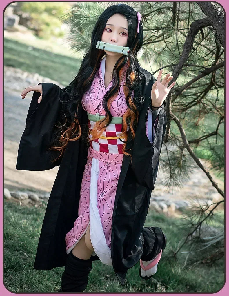 Anime Cosplay Kimetsu No Yaiba Kamado Nezuko Costume Kimono Demon Slayer Cosplay Wigs Hairs Halloween Carnival Women Outfit