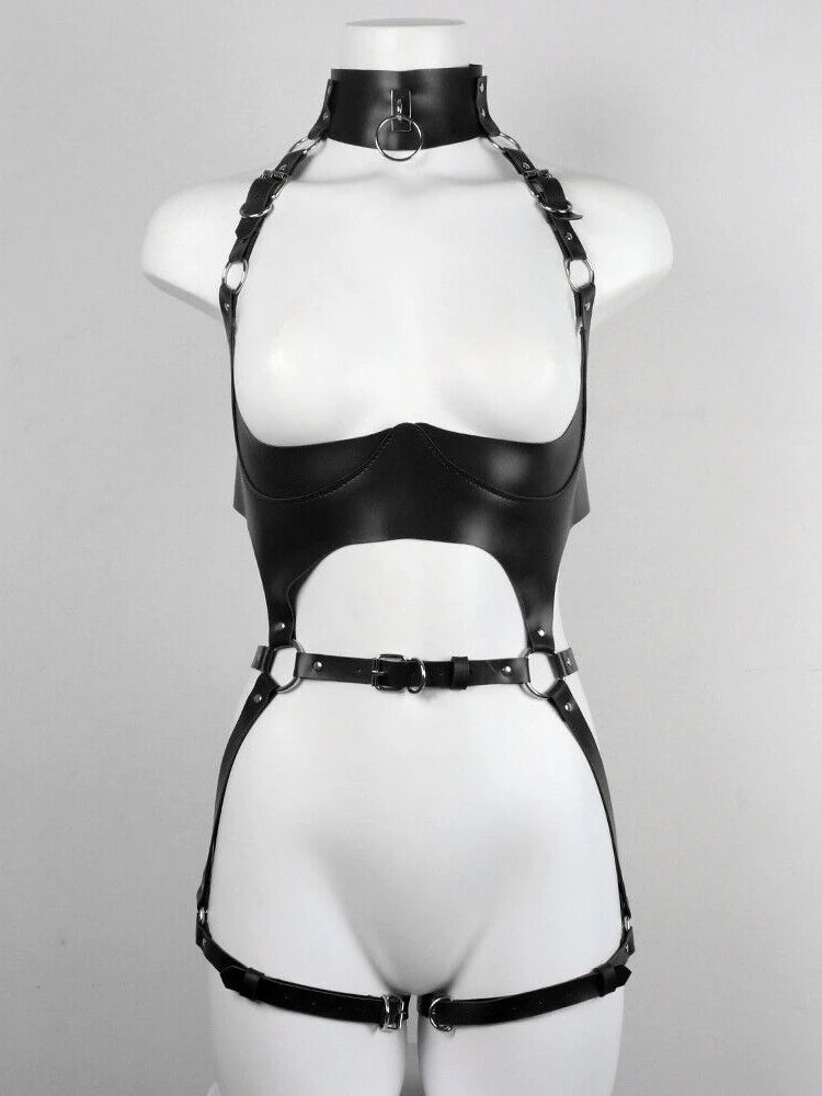 Sexy Leather Harness Women Bra Body Bondage Punk Strap Garter Belt Leg Tight Lingerie Goth Accessories Stockings With Belt Set