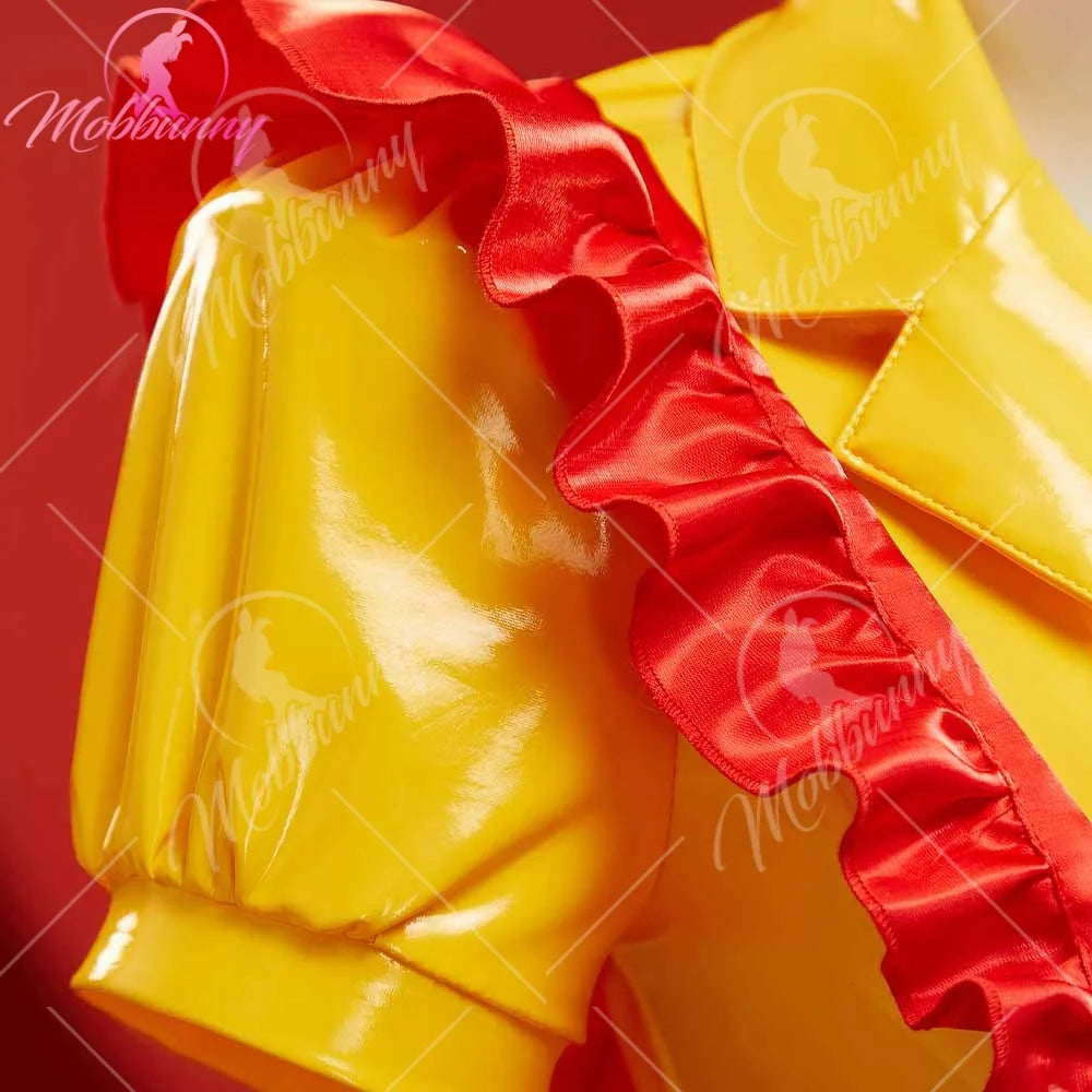 Mobbunny Women's Sexy Lingerie Maid Uniform Set Waitress Yellow Dress with Red Apron and Hat Halloween Cosplay Costume