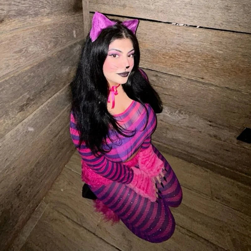 Halloween Costume Purple Striped Home Wear Set Cheshire Cat Cute Paw Role Play Adult Carnival Party Set Costume Outfits