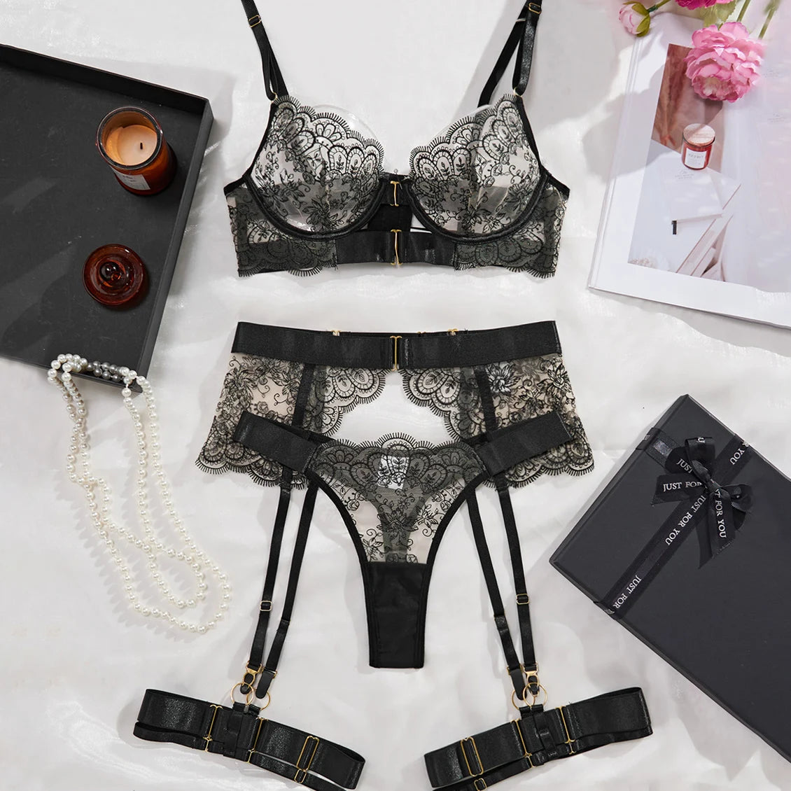 New Erotic Set See-Through Embroidered Women Lingeries Sexy Eyelash Lace Body Shaping Lingerie Four-Piece Set Sexy Hot
