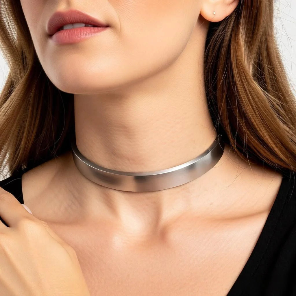 Brushed Stainless Steel Slave Collar Locking Choker Necklace for Fetish Wear Torque Role Playing Jewelry