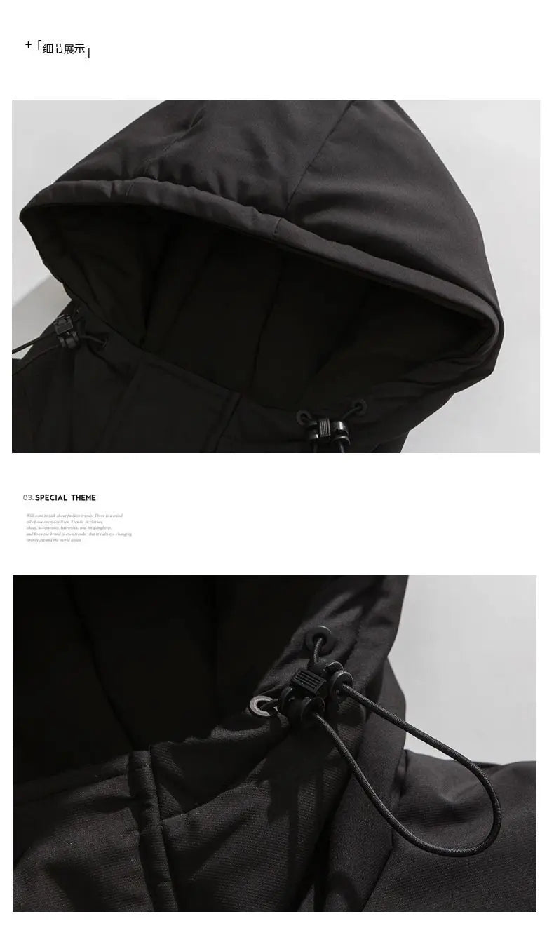 Techwear Down Cotton Jacket Men's Oversize Mid Length Workwear Cold Weather Clothing Winter Pockets Thick Hooded Parkas