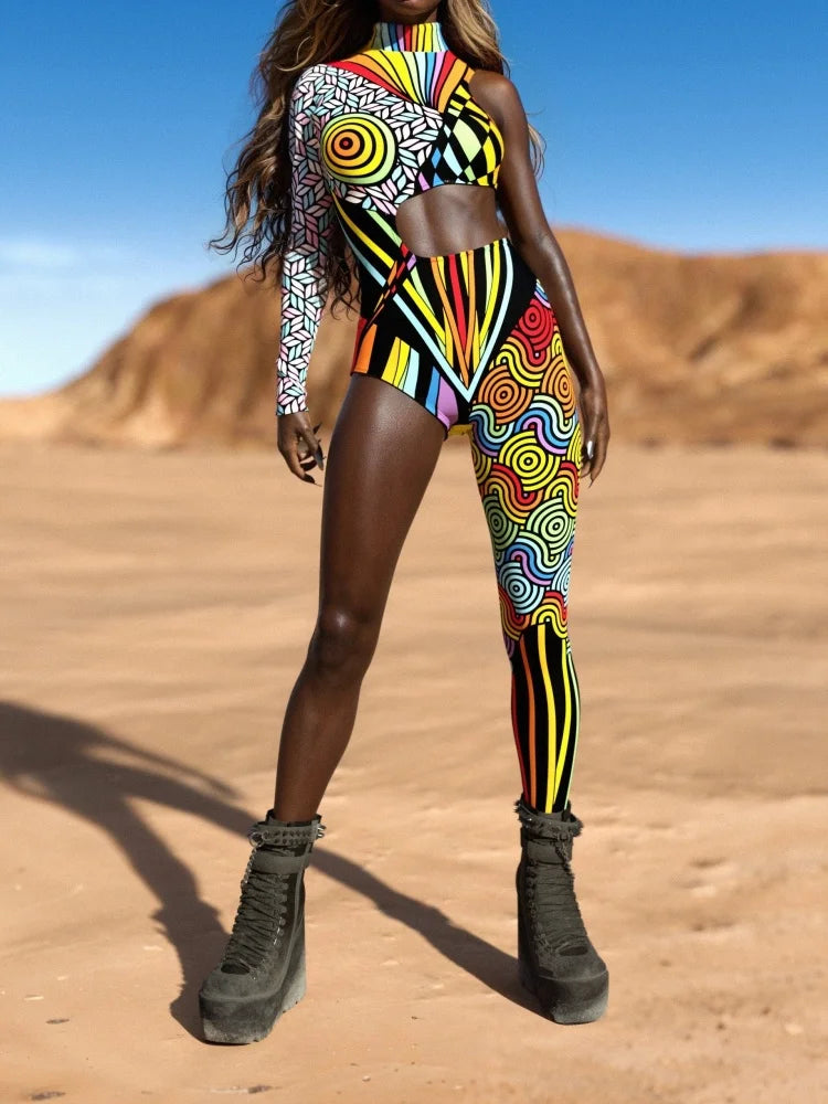 Halloween Unisex Art Irregular Lines Bodysuit Holiday Party Role Playing Solid Color Bodysuit Stage Performance Tights Costume