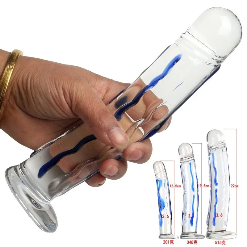 New Large Transparent Glass Blue Striped Dildo,18+ Adult Sex Toy, Clitoral Stimulation Masturbator, G-spot Orgasm Massage Wand