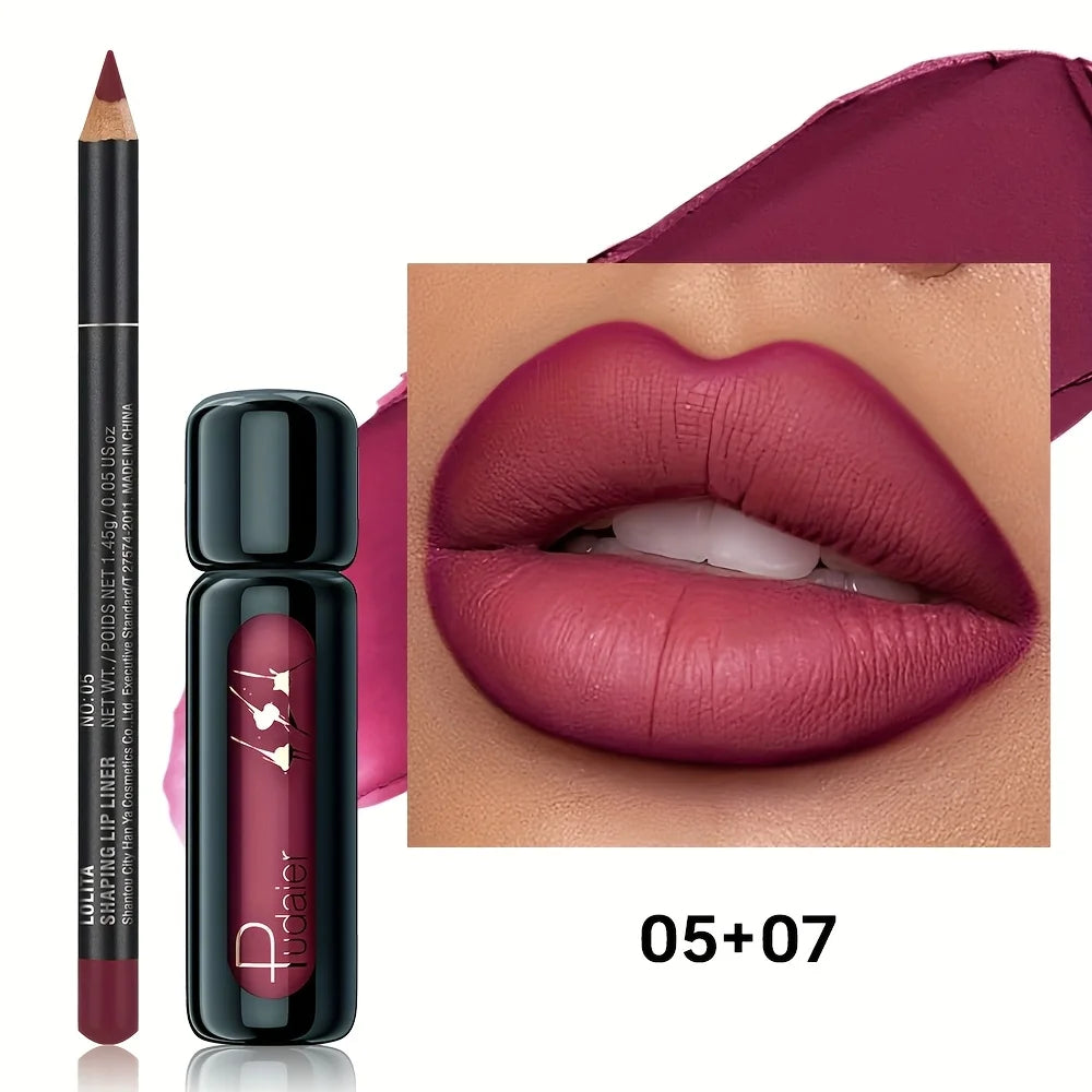 Lip Liner & Lip Mud Set, Matte Waterproof Long Lasting Non-Stick Velvet Lip Makeup, Smooth Lip Kit Gift for Women