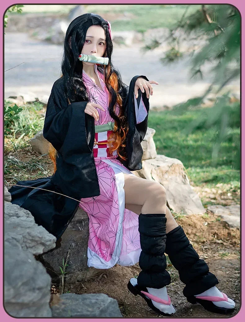 Anime Demon Slayer Kamado Nezuko Cosplay Costume Kimono Kimetsu No Yaiba Cosplay Wigs Hairs Halloween Carnival Women Outfit
