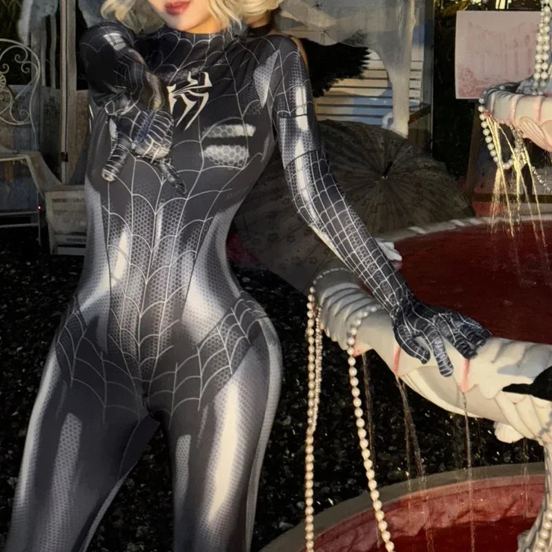 Good Quality Superhero Female Spider Man Cosplay Tight Jumpsuit Black Spider Sexy Cosplay Costume Halloween Party Costume Mask