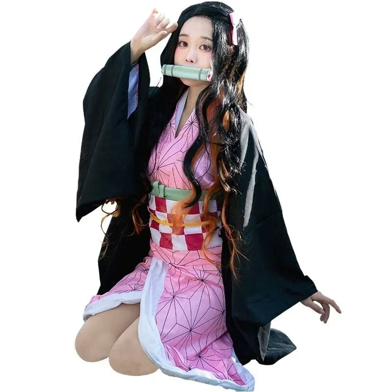 Anime Cosplay Kimetsu No Yaiba Kamado Nezuko Costume Kimono Demon Slayer Cosplay Wigs Hairs Halloween Carnival Women Outfit
