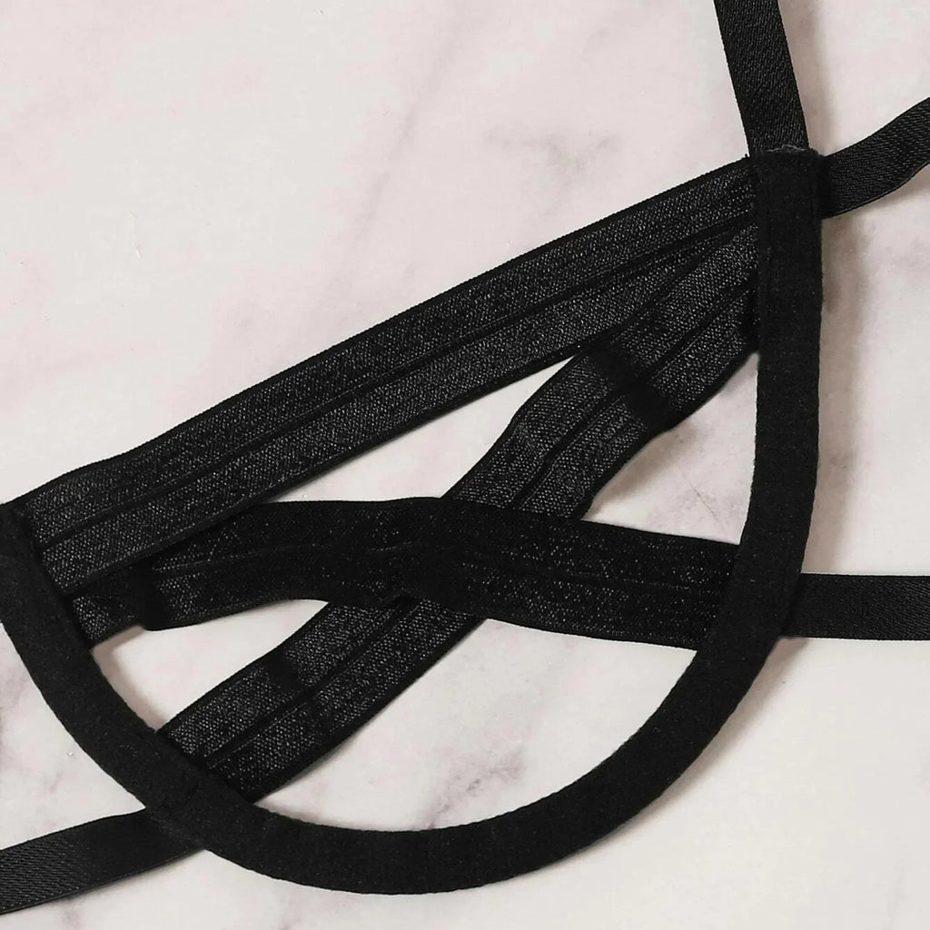 Amnesia Bondage, Sexy Lingerie, Women's Bra and Panty Set, Erotic, Hollow-out, Black, No Cups, Julia - style Bra, Thong