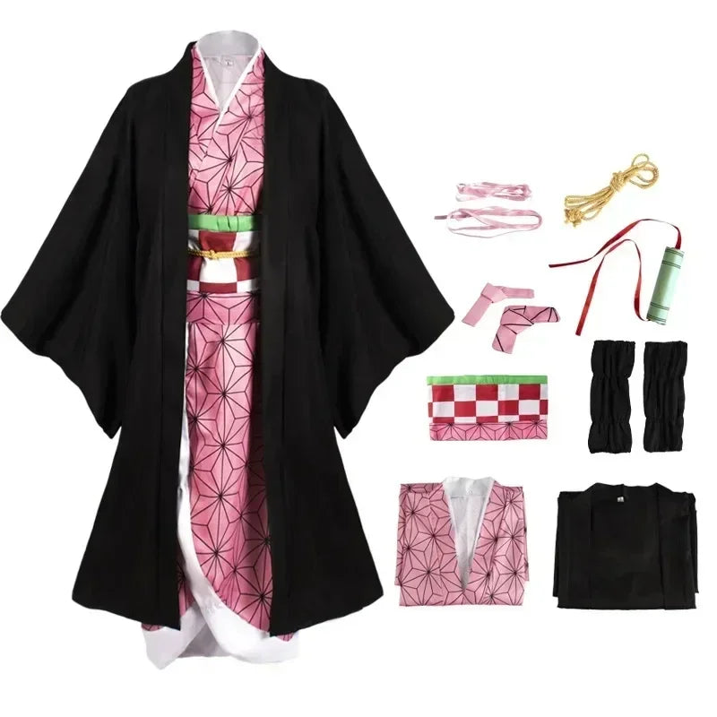 Anime Cosplay Kimetsu No Yaiba Kamado Nezuko Costume Kimono Demon Slayer Cosplay Wigs Hairs Halloween Carnival Women Outfit