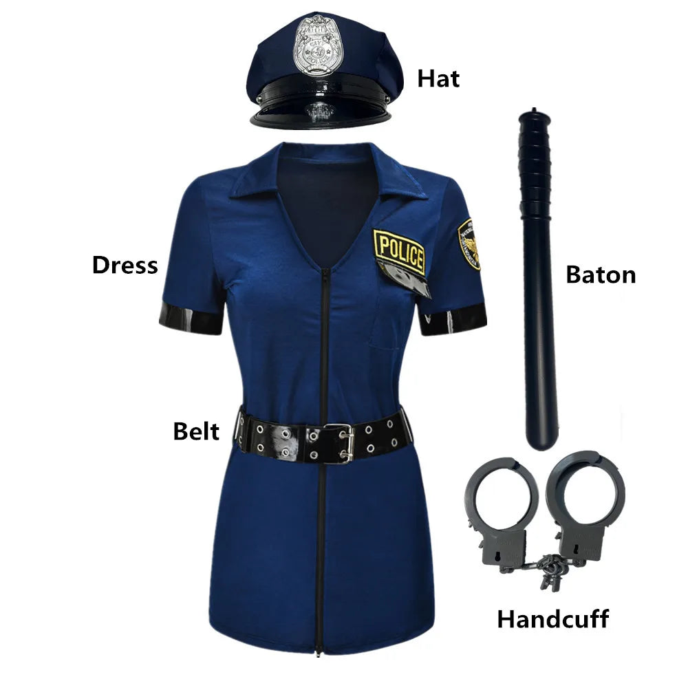 Women Sexy Police Costume Adult Cop Officer Outfit Erotic Clubwear Carnival Halloween Cosplay Fancy Party Dress