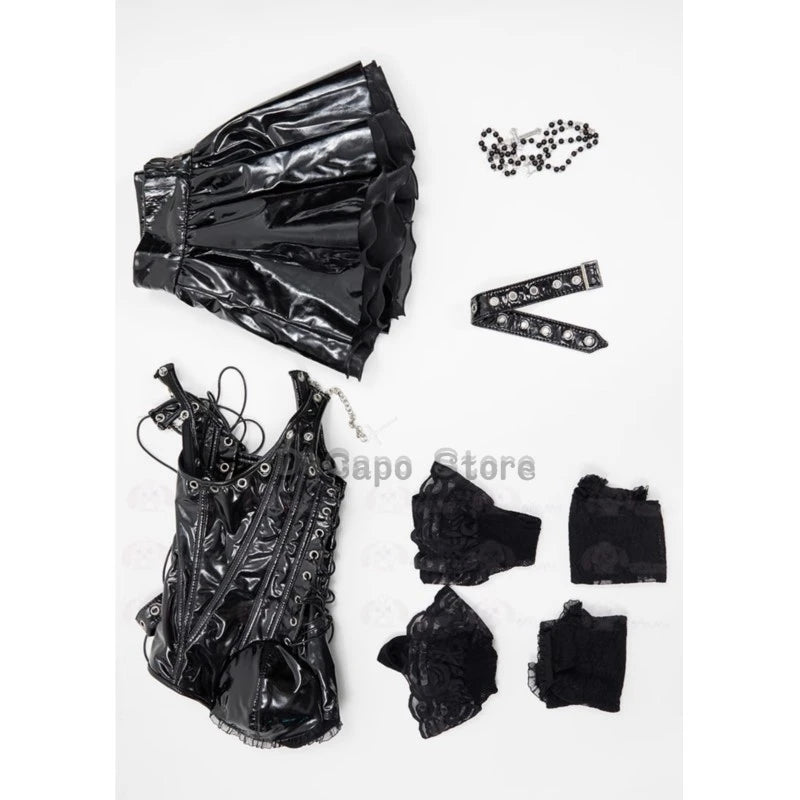 In Stock Miss Misa Halloween Gothic Black Lace-up Corset Top and Skirt with Net Stockings and Sleeves Cosplay Costume and Wig
