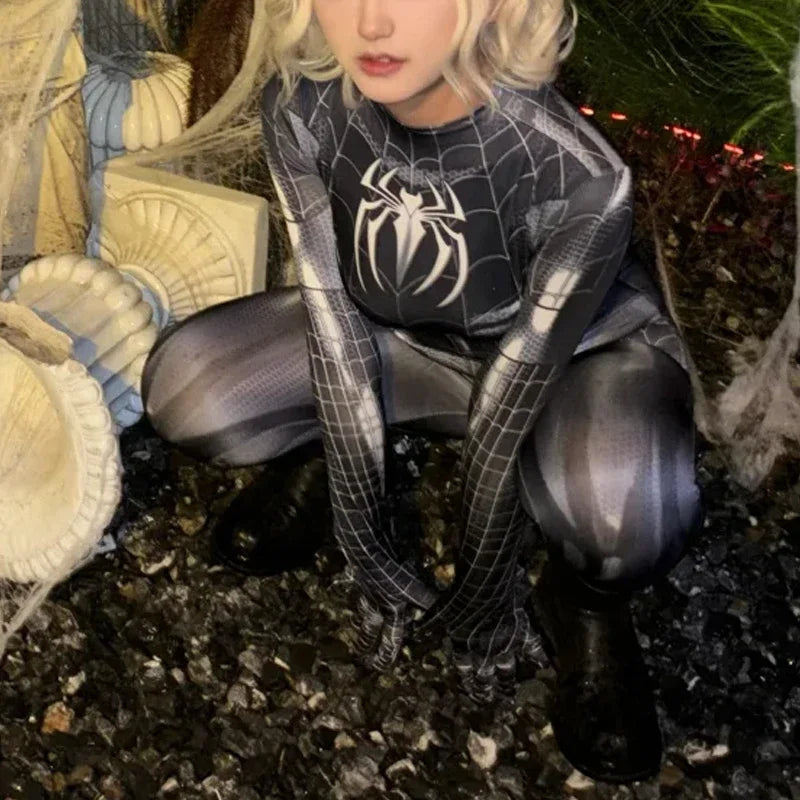 Good Quality Superhero Female Spider Man Cosplay Tight Jumpsuit Black Spider Sexy Cosplay Costume Halloween Party Costume Mask