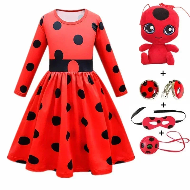 2025 Christmas Reddy Girl Little Beetle Cosplay Costume Mask Wig with Earrings Kids Halloween Fancy Costume Children Party Dress