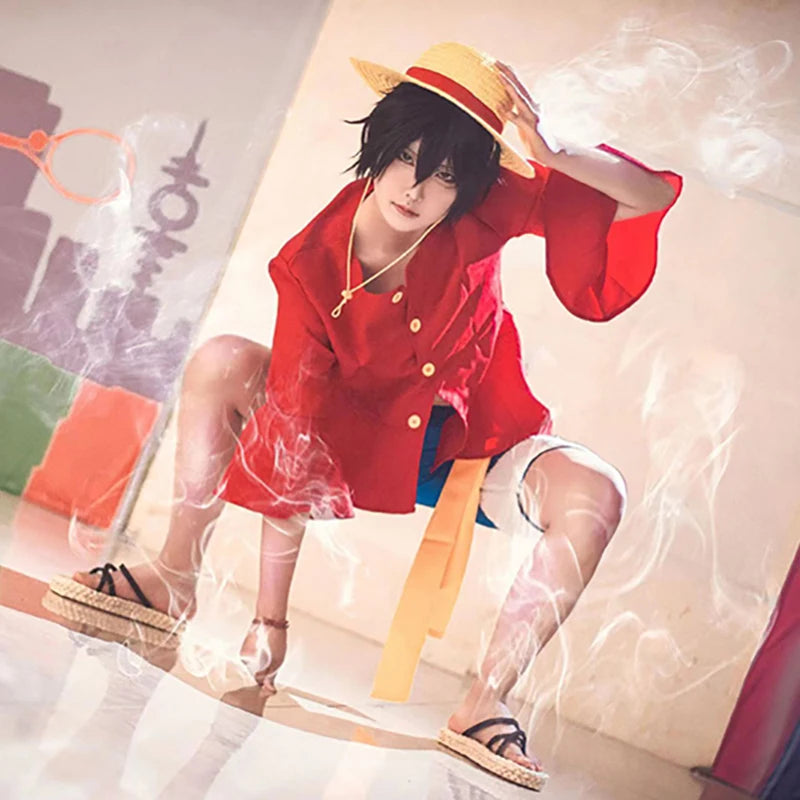 Anime Piece Pirate Luffy Cosplay Costumes Monkey D Sun God Two Years Later Cos Adult Kids Carnival Party Red Top Pants Suits Hat