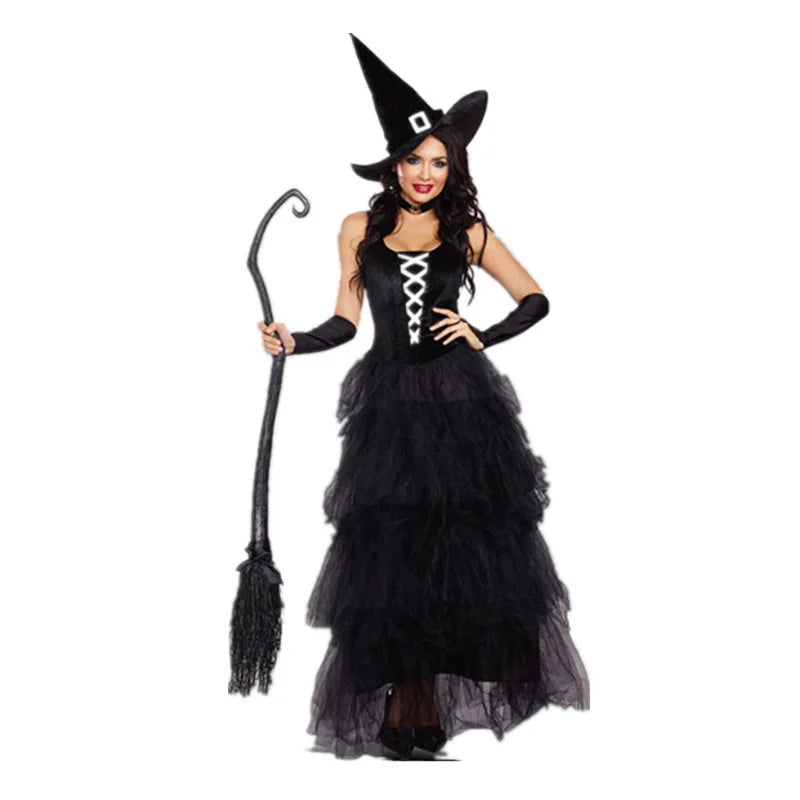 Halloween Witch Costumes for Women Adult Fantasy Black Witch Dress UP Party Dress Carnival Performance Dress
