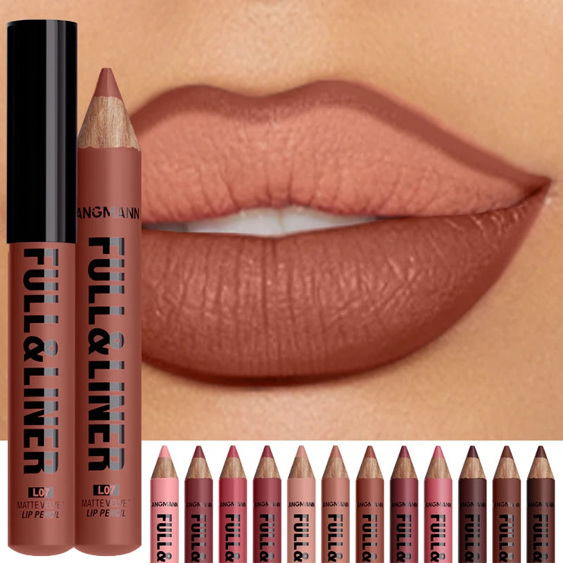 Wooden Matte Brown Lip Liner Pencil 12 Colors Velvet Nude Pink Lipstick Pencil Lasting Soft Smooth Lipliner Outline Lips Contour
